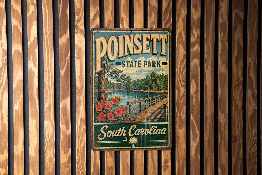 A vintage-style metal sign for Poinsett State Park in South Carolina, featuring a scenic image of a wooden bridge and a lake surrounded by trees.