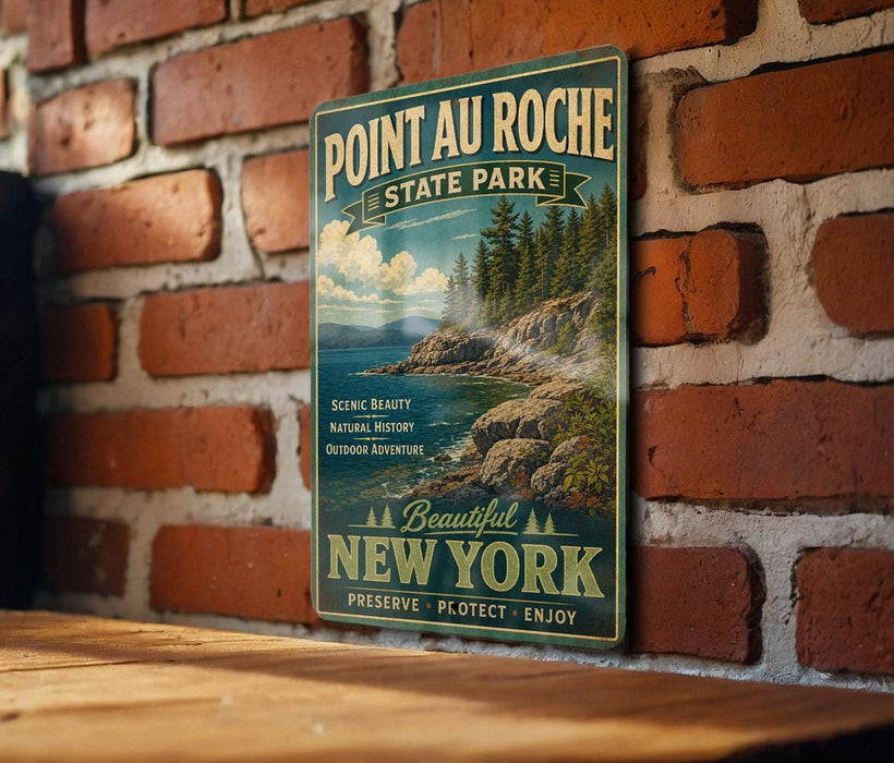 A vintage-style sign for Pointau-Roche State Park, featuring a scenic image of a rocky coastline and a lake, mounted on a brick wall.