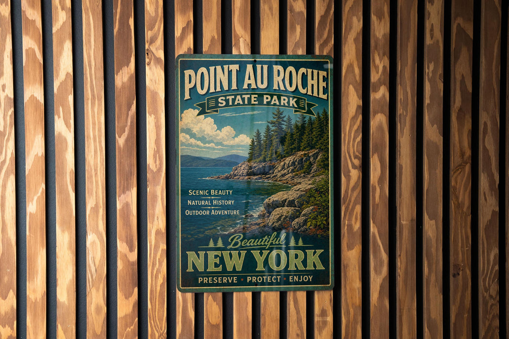 A vintage-style metal sign for Pointau roche State Park, featuring a scenic landscape with a rocky coastline and pine trees.