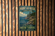 A vintage-style metal sign for Pointau roche State Park, featuring a scenic landscape with a rocky coastline and pine trees.