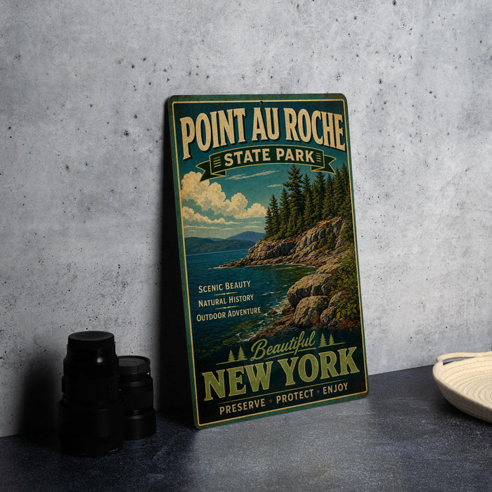 A vintage-style metal sign for Pointau-Roche State Park, featuring a scenic landscape with pine trees, mountains, and a body of water.