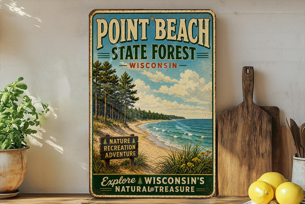 A vintage-style sign for Point Beach State Forest in Wisconsin, featuring a scenic beach landscape with pine trees and a lake.