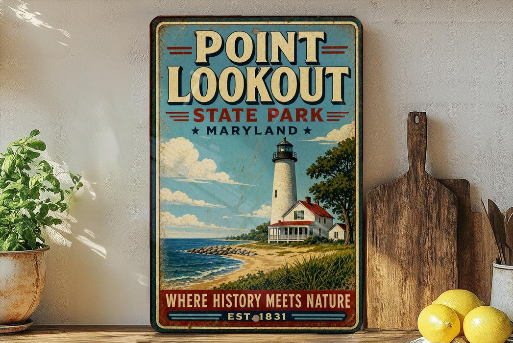 A vintage-style sign for Point Lookout State Park in Maryland, featuring a lighthouse and a beach scene.