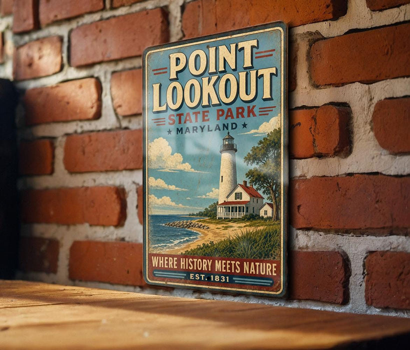 A vintage-style metal sign for Point Lookout State Park in Maryland, featuring a lighthouse and a coastal landscape.