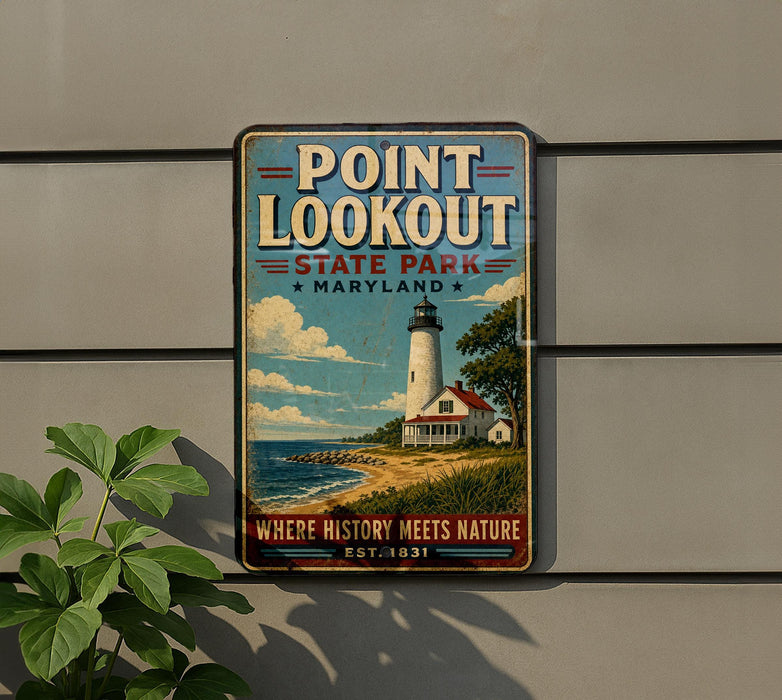 A vintage-style metal sign for Point Lookout State Park in Maryland, featuring a lighthouse and a coastal landscape.
