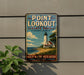 A vintage-style metal sign for Point Lookout State Park in Maryland, featuring a lighthouse and a coastal landscape.