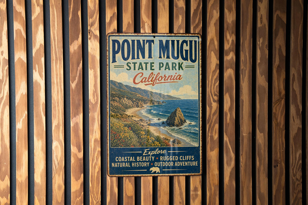 A vintage metal sign for Point Mugu State Park, California, featuring a coastal landscape with rugged cliffs and a rocky outcrop.