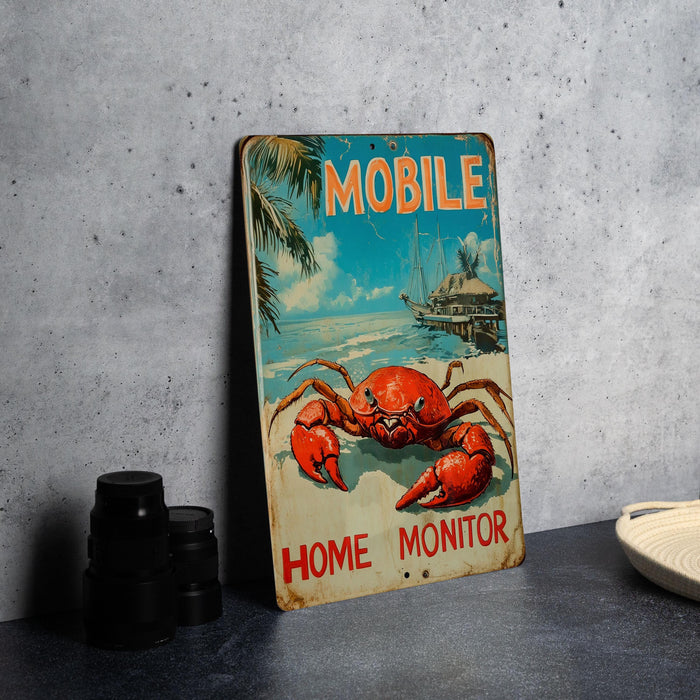 A vintage metal sign featuring a red crab and a boat, with the text "MOBILE" and "HOME MONITOR" displayed prominently.