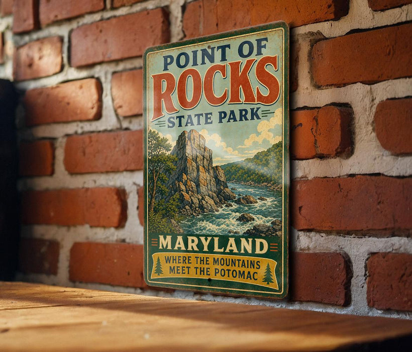 A vintage metal sign for Point of Rocks State Park in Maryland, featuring a scenic illustration of a mountain landscape with a river flowing through it.