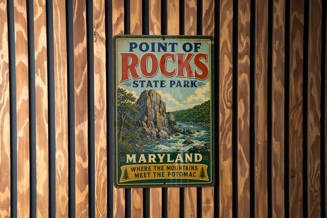 A vintage metal sign for Point of Rocks State Park in Maryland, featuring a scenic illustration of a mountain and river.