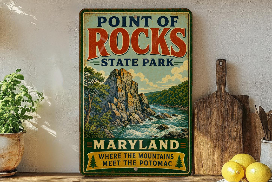 A vintage-style metal sign for Point of Rocks State Park in Maryland, featuring a scenic mountain landscape with a river and lush greenery.