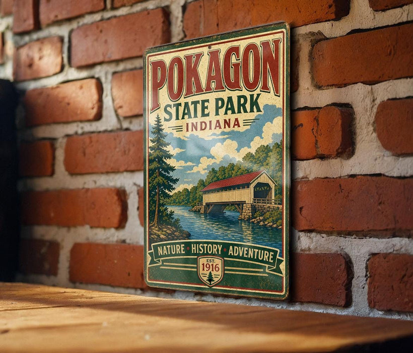 A vintage-style metal sign for Pokagon State Park, Indiana, featuring a scenic illustration of a bridge and a river, mounted on a brick wall.