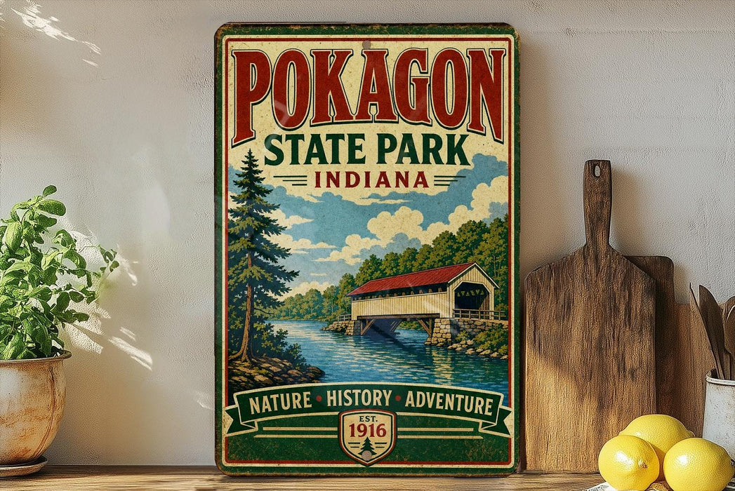 A vintage-style metal sign for Pokagon State Park, Indiana, featuring a scenic illustration of a river and a covered bridge.
