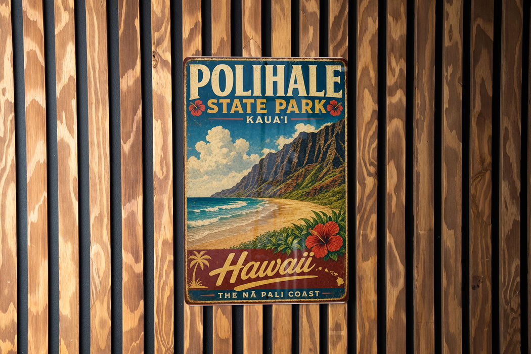 A vintage metal sign for Polihale State Park in Kauai, Hawaii, featuring a scenic beach and mountains.