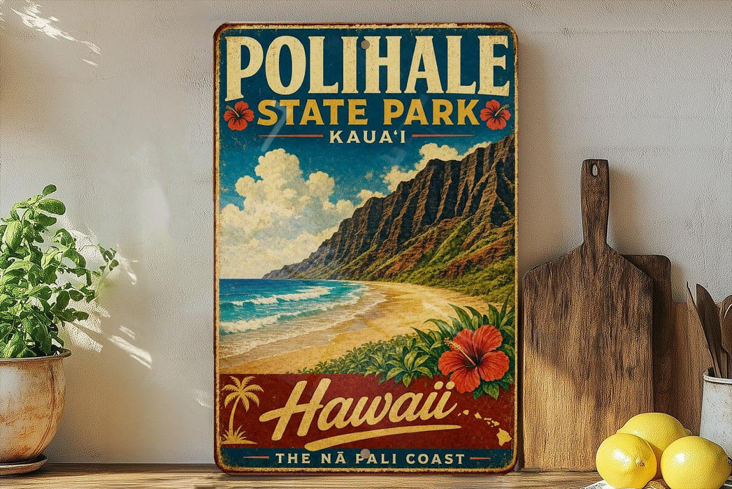 A vintage-style metal sign for Polihale State Park in Kaua'i, Hawaii, featuring a beach scene with mountains and a hibiscus flower.