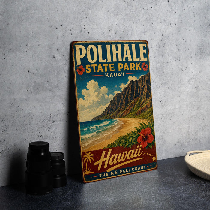 A vintage metal sign for Polihale State Park, Hawaii, featuring a beach scene with mountains and a hibiscus flower.