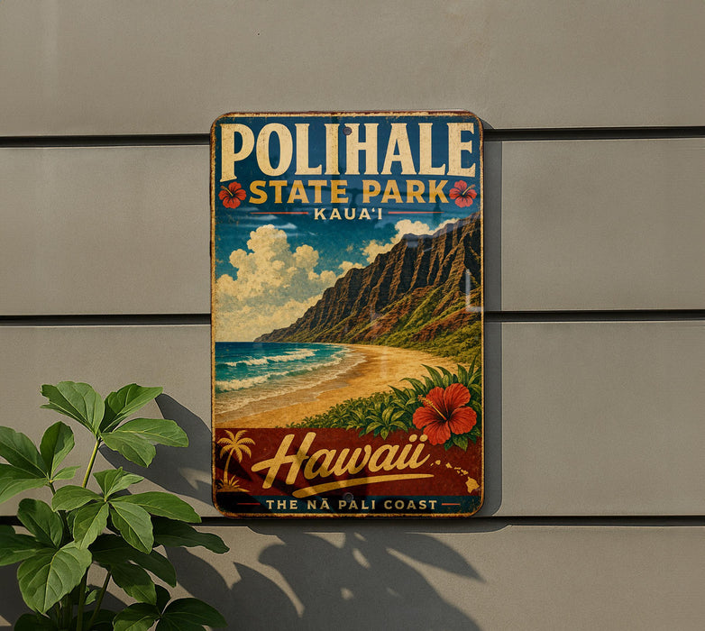A vintage metal sign for Polihale State Park in Kauai, Hawaii, featuring a scenic mountain landscape with a beach and ocean.