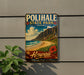 A vintage metal sign for Polihale State Park in Kauai, Hawaii, featuring a scenic mountain landscape with a beach and ocean.
