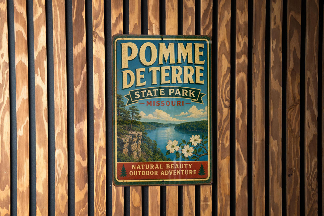 A vintage-style metal sign for Pomme de Terre State Park in Missouri, featuring a scenic landscape with a lake and mountains.
