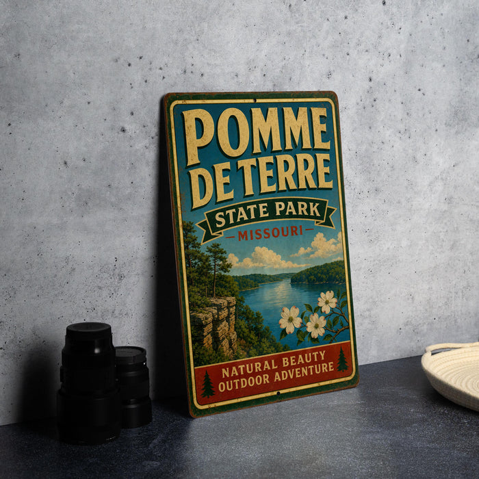 A vintage-style sign for Pomme de Terre State Park in Missouri, featuring a scenic landscape with a lake and mountains.