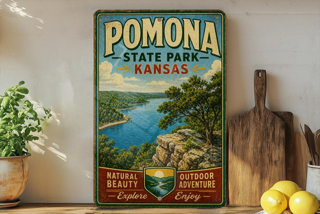 A vintage-style poster for Pomona State Park, Kansas, featuring a scenic landscape with a lake and mountains.