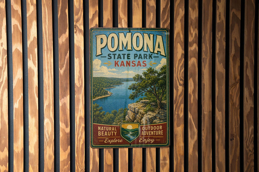 A vintage-style metal sign for Pomona State Park, Kansas, featuring a scenic landscape with a lake and mountains.