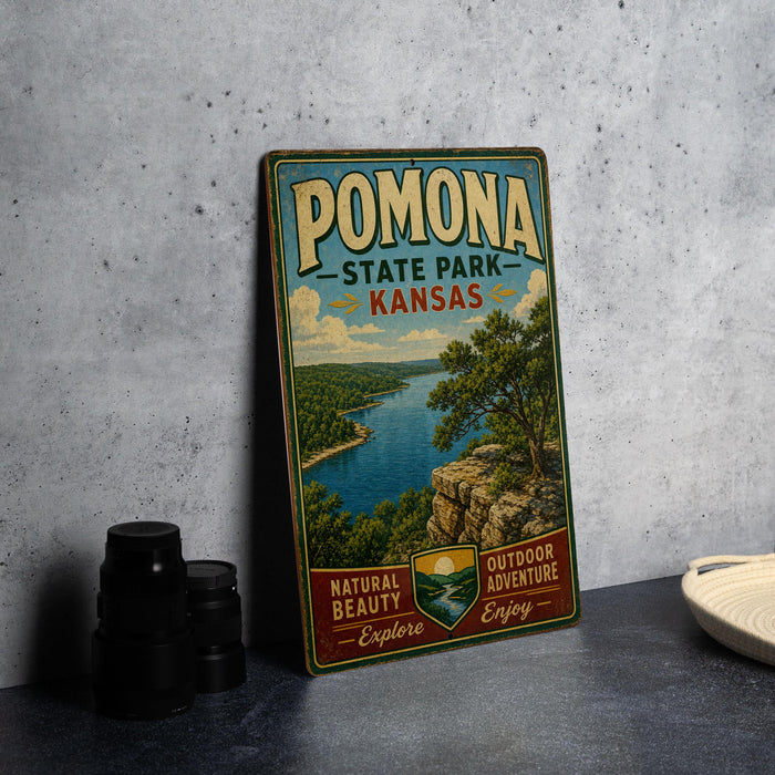 A vintage-style metal sign for Pomona State Park in Kansas, featuring a scenic landscape with a river, trees, and mountains.