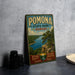 A vintage-style metal sign for Pomona State Park in Kansas, featuring a scenic landscape with a river, trees, and mountains.