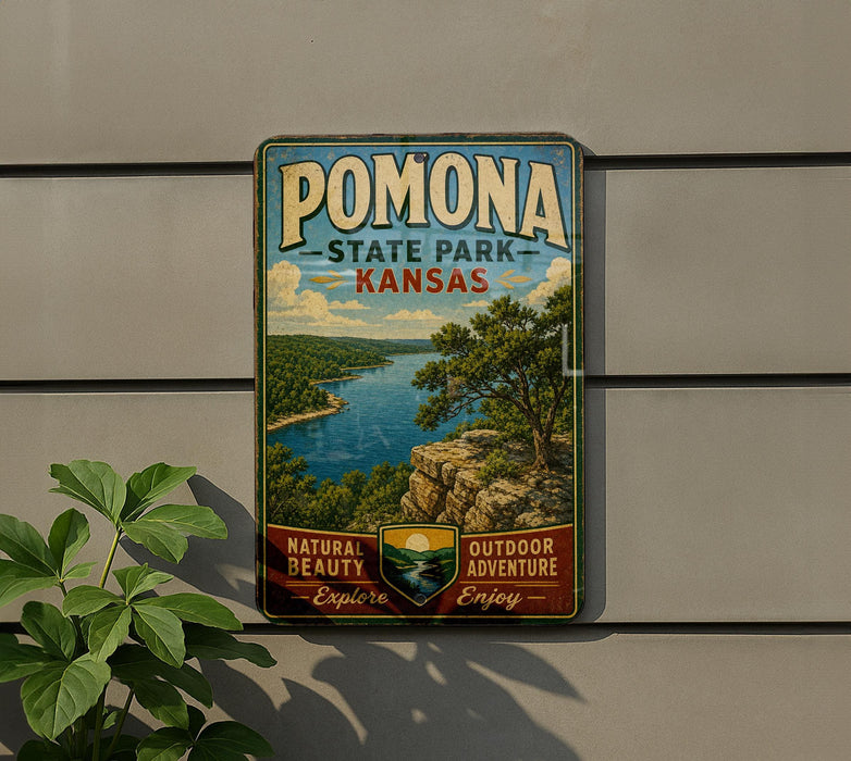 A vintage-style metal sign for Pomona State Park in Kansas, featuring a scenic landscape with a lake and mountains.