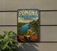 A vintage-style metal sign for Pomona State Park in Kansas, featuring a scenic landscape with a lake and mountains.
