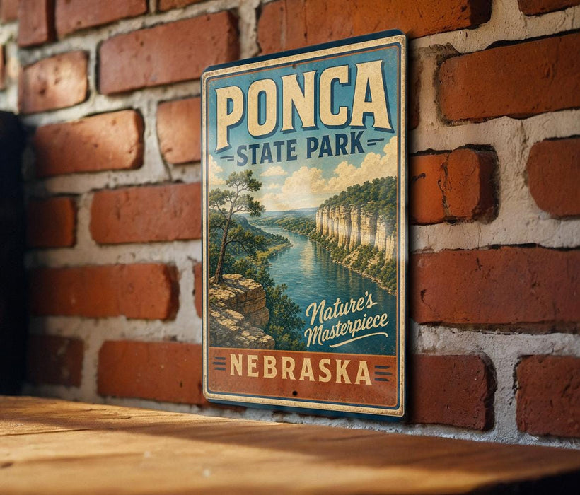 A vintage-style sign for Pona State Park in Nebraska, featuring a scenic landscape with a river and cliffs.