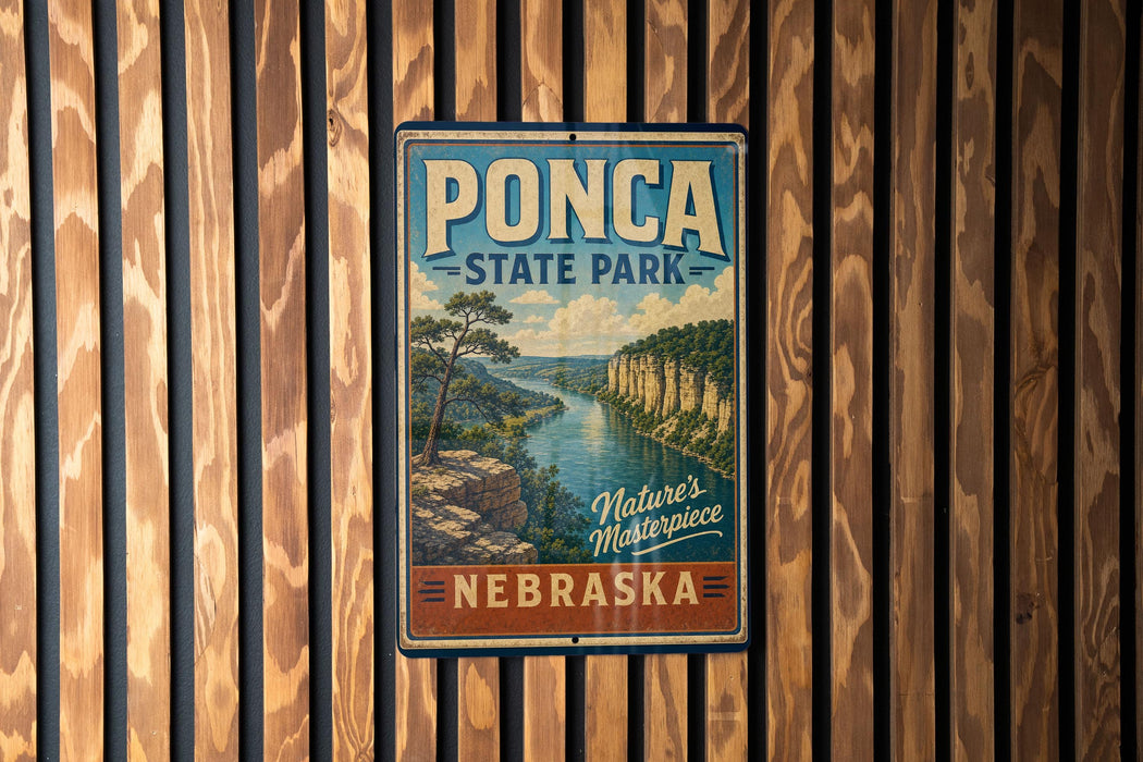 A vintage-style metal sign for Pona State Park in Nebraska, featuring a scenic landscape with a river and mountains.