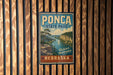 A vintage-style metal sign for Pona State Park in Nebraska, featuring a scenic landscape with a river and mountains.