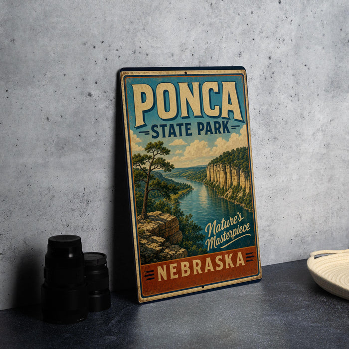 A vintage-style metal sign for Pona State Park in Nebraska, featuring a scenic landscape with a river and mountains.
