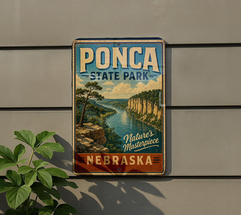 A vintage-style metal sign for PONCA State Park in Nebraska, featuring a scenic landscape with a river and cliffs.