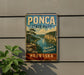 A vintage-style metal sign for PONCA State Park in Nebraska, featuring a scenic landscape with a river and cliffs.