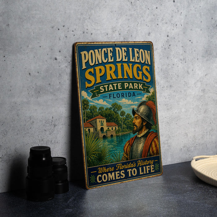 A vintage-style sign for Ponce de Leon Springs State Park, Florida, featuring an illustration of a man in historical attire and the text "Where Florida's History Comes to Life".