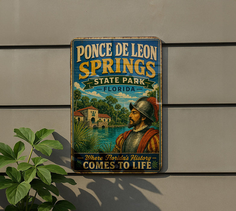 A vintage-style sign for Ponce de Leon Springs State Park in Florida, featuring a man in historical attire and a scenic landscape.