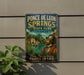 A vintage-style sign for Ponce de Leon Springs State Park in Florida, featuring a man in historical attire and a scenic landscape.