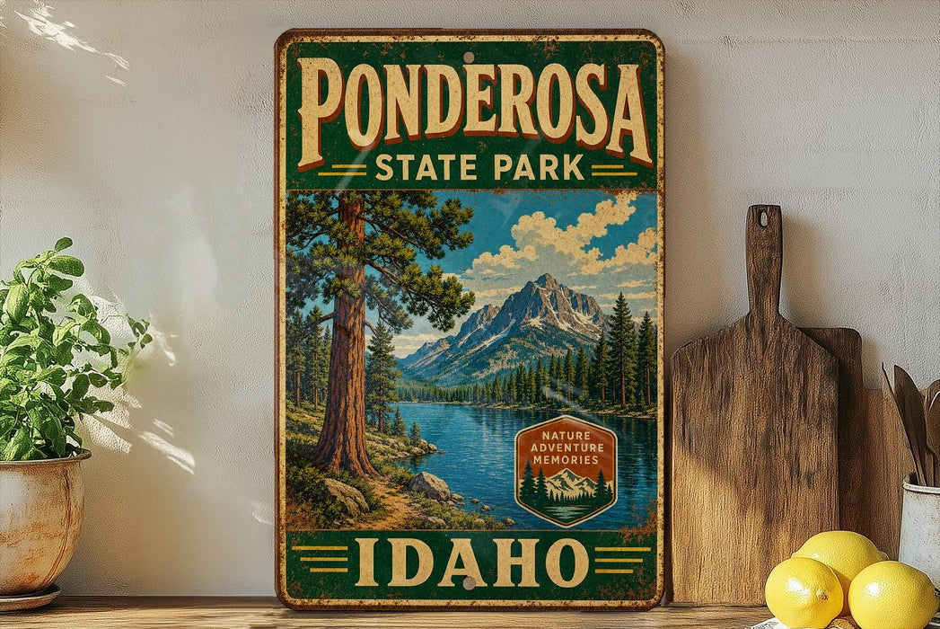 A vintage-style sign for Ponderosa State Park in Idaho, featuring a scenic landscape with a lake, mountains, and pine trees.