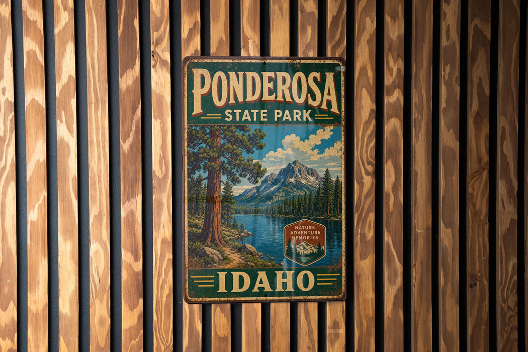 A vintage metal sign for Ponderosa State Park in Idaho, featuring a scenic landscape with a lake and mountains.