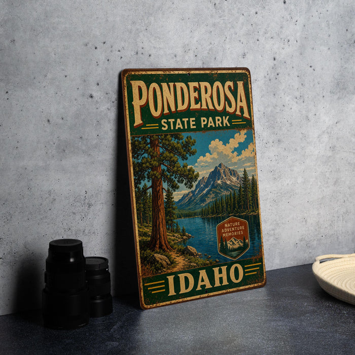 A vintage-style metal sign for Ponderosa State Park in Idaho, featuring a scenic landscape with a lake, mountains, and trees.