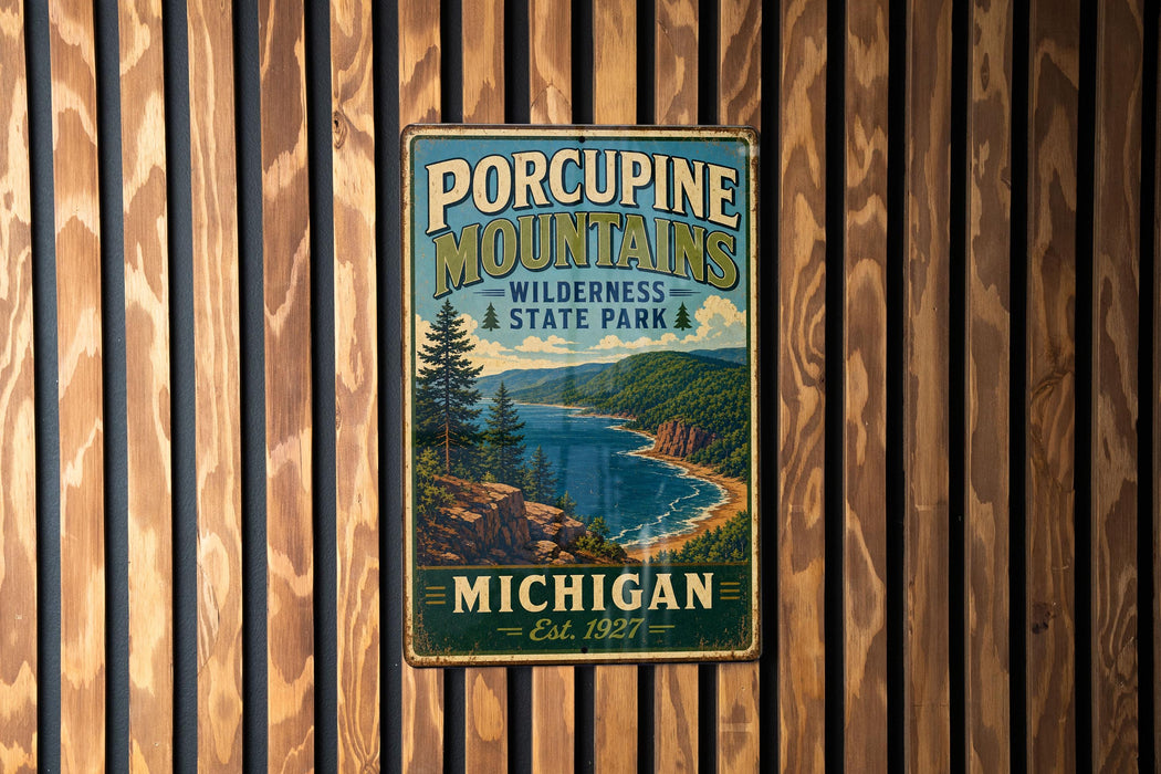 A vintage metal sign for Porcupine Mountains Wilderness State Park in Michigan, featuring a scenic landscape with a lake and mountains.