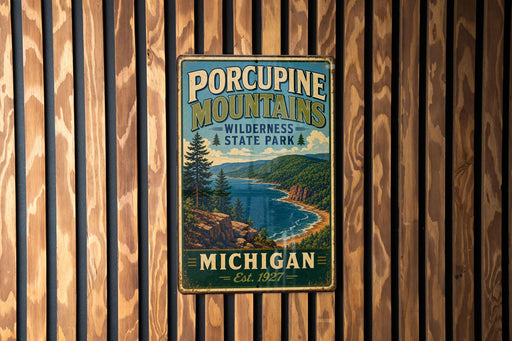 A vintage metal sign for Porcupine Mountains Wilderness State Park in Michigan, featuring a scenic landscape with a lake and mountains.