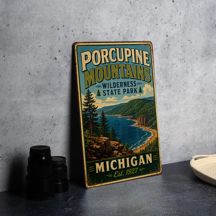 A vintage-style metal sign for Porcupine Mountains Wilderness State Park in Michigan, featuring a scenic landscape with mountains, trees, and a lake.