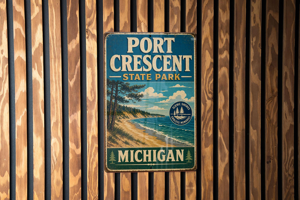 A vintage metal sign for Port Crescent State Park in Michigan, featuring a scenic landscape with a beach, mountains, and a lake.