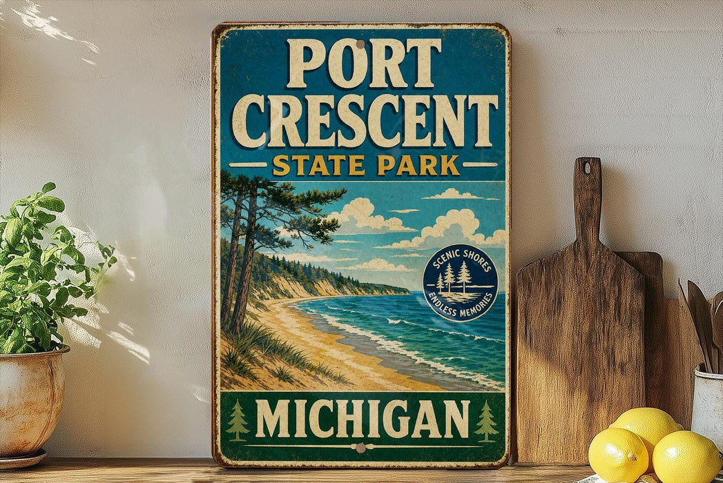 A vintage-style sign for Port Crescent State Park in Michigan, featuring a scenic beach landscape with pine trees and a lake.