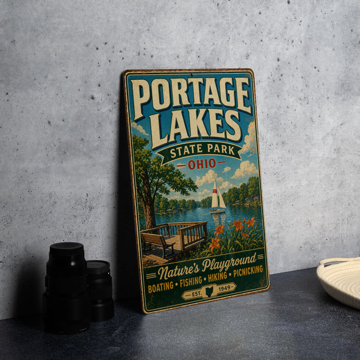 A vintage-style metal sign for Portage Lakes State Park in Ohio, featuring a scenic illustration of a lake, dock, and sailboat.
