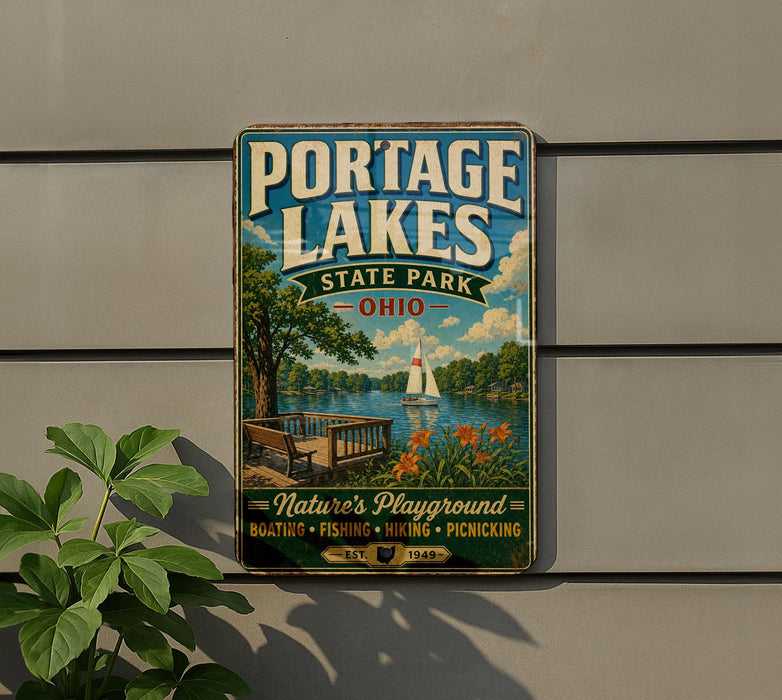 A vintage-style metal sign for Portage Lakes State Park in Ohio, featuring a scenic illustration of a lake, park benches, and a sailboat.
