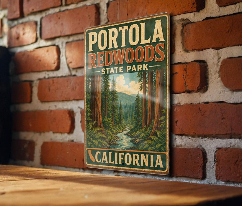 A vintage-style metal sign for Portola Redwoods State Park in California, featuring a scenic illustration of the park's forest and landscape.